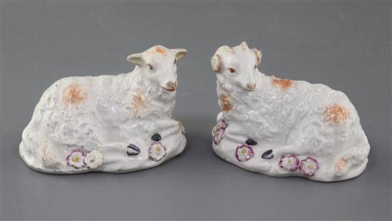 A rare pair of early Derby figures of a ram and a ewe, c.1756, l. 8cm, small faults